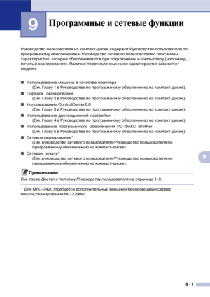 Page 809  1
9
9
Руководство пользователя на компакт!диске содержит Руководство пользователя по 
программному обеспечению и Руководство сетевого пользователя с описанием 
характеристик, которые обеспечиваются при подключении к компьютеру (например, 
печать и сканирование). Наличие перечисленных ниже характеристик зависит от 
модели:
■Использование машины в качестве принтера 
(См. Главу 1 в Руководстве по программному обеспечению на компакт!диске).
■Порядок сканирования 
(См. Главу 2 в Руководстве по...