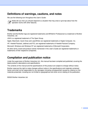 Page 2i
Definitions of warnings, cautions, and notes
We use the following icon throughout this User’s Guide:
Trademarks
Brother and the Brother logo are registered trademarks and BRAdmin Professional is a trademark of Brother 
Industries, Ltd.
UNIX is a registered trademark of The Open Group.
Apple, Macintosh, Quick Draw and LaserWriter  are registered trademarks of Apple Computer, Inc.
HP, Hewlett-Packard, Jetdirect and PCL are regi stered trademarks of Hewlett-Packard Company.
Microsoft, Windows and Windows...