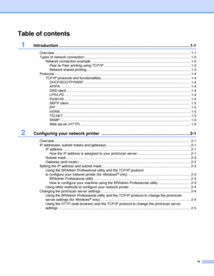 Page 5iv
Table of contents
1Introduction .............................................. ..................................................................1-1
Overview ....................................................................................................................... ..................... 1-1
Types of network connection .................................................................................................... ......... 1-2
Network connection example...