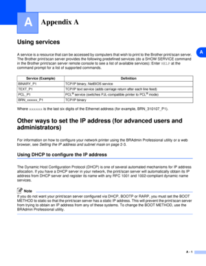 Page 48A
A - 1
AAppendix A
Using services
A service is a resource that can be accessed by computers that wish to print to the Brother print/scan server. 
The Brother print/scan server provides the following predefined services (do a SHOW SERVICE command 
in the Brother print/scan server remote console to see a list of available services): Enter HELP at the 
command prompt for a list of supported commands. 
Where xxxxxx is the last six digits of the Ethernet address (for example, BRN_310107_P1).
Other ways to...