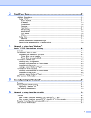 Page 6v
3Front Panel Setup  ........................................... ................................. ..........................3-1
LAN Main Setup Menu............................................................................................................ ........... 3-1
Setup TCP/IP................................................................................................................... ............ 3-1
BOOT Method...