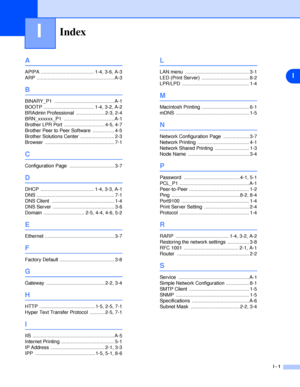 Page 55I
I - 1
IIndex
A
APIPA ....................................... 1-4, 3-6, A-3
ARP ......................................................... A-3
B
BINARY_P1 ............................................ A-1
BOOTP ..................................... 1-4, 3-2, A-2
BRAdmin Professional  ..................... 2-3, 2-4
BRN_xxxxxx_P1 ..................................... A-1
Brother LPR Port  .............................. 4-5, 4-7
Brother Peer to Peer Software  ................ 4-5
Brother Solutions Center...