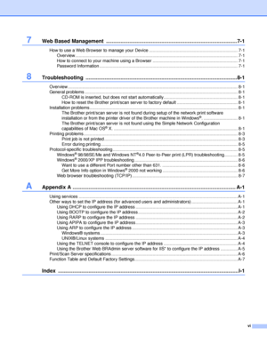 Page 7vi
7Web Based Management  ..........................................................................................7-1
How to use a Web Browser to manage your Device ......................................................................... 7-1
Overview....................................................................................................................... ............... 7-1
How to connect to your machine using a Browser...