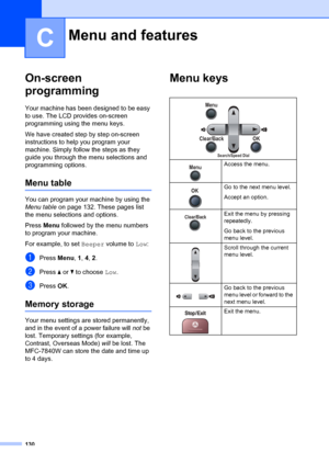 Page 140130
C
On-screen 
programming
C
Your machine has been designed to be easy 
to use. The LCD provides on-screen 
programming using the menu keys.
We have created step by step on-screen 
instructions to help you program your 
machine. Simply follow the steps as they 
guide you through the menu selections and 
programming options.
Menu tableC
You can program your machine by using the 
Menu table on page 132. These pages list 
the menu selections and options.
Press  Menu followed by the menu numbers 
to...