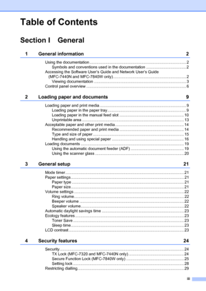 Page 5iii
Table of Contents
Section I General
1 General information2
Using the documentation ....................................................................................... 2
Symbols and conventions used in the do cumentation .................................... 2
Accessing the Software User’s Guide and Network User’s Guide  (MFC-7440N and MFC-7840W only)........... ....................................................... 2
Viewing documentation ...........................