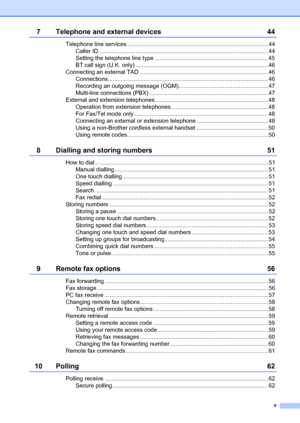 Page 7v
7 Telephone and external devices44
Telephone line services ....................................................................................... 44
Caller ID......................................................................................................... 44
Setting the telephone line type ...................................................................... 45
BT call sign (U.K. only) .................................................................................. 46
Connecting an external...