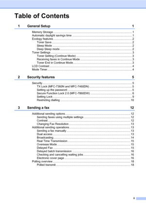 Page 3ii
Table of Contents
1 General Setup 1
Memory Storage .................................................................................................... 1
Automatic daylight savings time ............................................................................ 1
Ecology features .................................................................................................... 2
Toner Save ...................................................................................................... 2
Sleep...