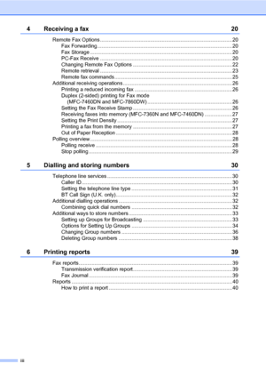 Page 4iii
4 Receiving a fax 20
Remote Fax Options ............................................................................................ 20
Fax Forwarding.............................................................................................. 20
Fax Storage ................................................................................................... 20
PC-Fax Receive ............................................................................................ 20
Changing Remote Fax Options...