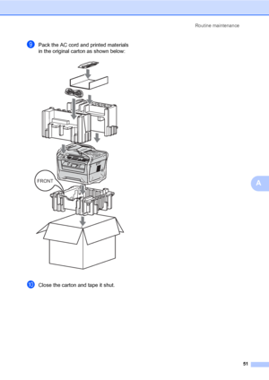 Page 57Routine maintenance
51
A
iPack the AC cord and printed materials 
in the original carton as shown below:
 
jClose the carton and tape it shut.
FRONT
 