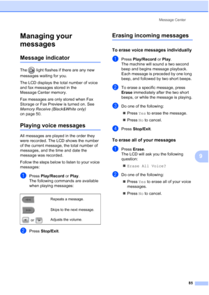 Page 101
Message Center85
9
Managing your 
messages
9
Message indicator9
The   light flashes if there are any new 
messages waiting for you.
The LCD displays the total number of voice 
and fax messages stored in the 
Message Center memory.
Fax messages are only stored when Fax 
Storage or Fax Preview is turned on. See 
Memory Receive (Black&White only)  
on page 50.
Playing voice messages9
All messages are played in the order they 
were recorded. The LCD shows the number 
of the current message, the total number...