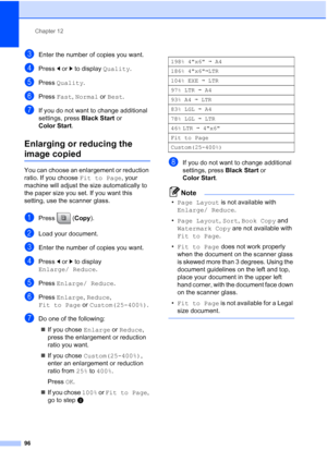 Page 112
Chapter 12
96
cEnter the number of copies you want.
dPress  dor c to display  Quality.
ePress Quality .
fPress Fast, Normal  or Best .
gIf you do not want to change additional 
settings, press  Black Start or 
Color Start .
Enlarging or reducing the 
image copied12
You can choose an enlargement or reduction 
ratio. If you choose  Fit to Page, your 
machine will adjust the size automatically to 
the paper size you set. If you want this 
setting, use the scanner glass.
aPress ( Copy).
bLoad your...