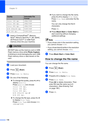 Page 134
Chapter 13
118
aInsert a CompactFlash®, Memory 
Stick®, Memory Stick Pro™, SD, SDHC, 
xD-Picture Card™ or USB Flash 
memory drive into your machine.
CAUTION 
DO NOT take out the memory card or USB 
Flash memory drive while  Photo Capture 
is blinking to avoid damaging the card, USB 
Flash memory drive or data stored on the 
card.
 
bLoad your document.
cPress ( Scan).
dPress  Scan to Media .
eDo one of the following:
„ To change the quality, press  dor c to 
display  Quality . 
Press  Quality  and...