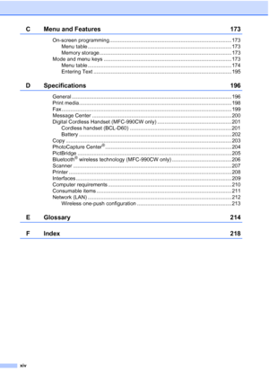 Page 16
xiv
C Menu and Features 173
On-screen programming .................................................................................... 173Menu table ................................................................................................... 173
Memory storage ........................................................................................... 173
Mode and menu keys ........................................................................................ 173 Menu table...