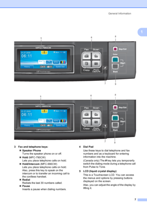 Page 23
General Information7
1
 
 
3 Fax and telephone keys:„Speaker Phone
Turns the speaker phone on or off. 
„ Hold  (MFC-790CW)
Lets you place telephone calls on hold.
„ Hold/Intercom  (MFC-990CW)
Lets you place telephone calls on hold.
Also, press this key to speak on the 
intercom or to transfer an incoming call to 
the cordless handset.
„ Redial
Redials the last 30 numbers called. 
„ Pause
Inserts a pause when dialing numbers. 4 Dial Pad
Use these keys to dial telephone and fax 
numbers and as a keyboard...