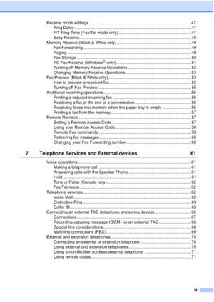 Page 11
ix
Receive mode settings ........................................................................................ 47Ring Delay ..................................................................................................... 47
F/T Ring Time (Fax/Tel mode only) ............................................................... 47
Easy Receive................................................................................................. 48
Memory Receive (Black & White only)...