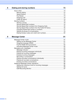 Page 12
x
8 Dialing and storing numbers 73
How to Dial .......................................................................................................... 73Manual dialing ............................................................................................... 73
Speed Dialing ................................................................................................ 73
Fax Redial ..................................................................................................... 73
Outgoing...