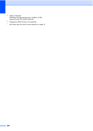 Page 220
204
5USB 2.0 Standard
USB Mass Storage standard from 16 MB to 32 GB
Support format: FAT12/FAT16/FAT32
6Progressive JPEG format is not supported.
7See Paper type and size for each operation  on page 19.
 