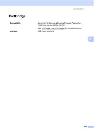 Page 221
Specifications205
D
PictBridgeD
Compatibility  Supports the Camera & Imaging Products Association 
PictBridge standard CIPA DC-001.
VIsit http://www.cipa.jp/pictbridge
 for more information.
Interface USB direct interface
 