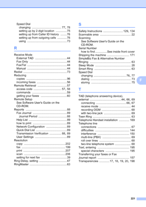 Page 237
221
F
Speed Dialchanging
 ..................................... 77, 78
setting up by 2-digit location
 .............. 75
setting up from Caller ID history
 ........ 76
setting up from outgoing calls
 ............ 76
using
 .................................................. 73
R
Receive Mode External TAD
 ........................................ 44
Fax Only
 ............................................... 44
Fax/Tel
 .................................................. 44
Manual...