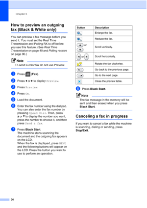 Page 52
Chapter 5
36
How to preview an outgoing 
fax (Black & White only)5
You can preview a fax message before you 
send it. You must set the Real Time 
Transmission and Polling RX to off before 
you use this feature. (See  Real Time 
Transmission  on page 40 and  Polling receive 
on page 90.)
Note
To send a color fax do not use Preview.
 
aPress ( Fax).
bPress  dor c to display  Preview.
cPress Preview .
dPress On.
eLoad the document.
fEnter the fax number using the dial pad. 
You can also enter the fax...