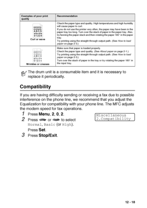 Page 171TROUBLESHOOTING AND ROUTINE MAINTENANCE   12 - 18
Compatibility
If you are having difficulty sending or receiving a fax due to possible 
interference on the phone line, we recommend that you adjust the 
Equalization for compatibility with your phone line. The MFC adjusts 
the modem speed for fax operations.
1Press Menu, 2, 0, 2.
2Press   or   to select 
Normal, Basic (or High).
Press 
Set.
3Press Stop/Exit.
Curl or waveCheck the paper type and quality. High temperatures and high humidity 
will cause...