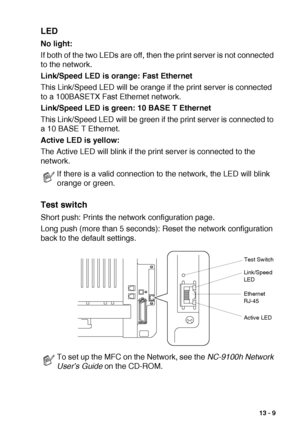 Page 195OPTIONAL ACCESSORIES   13 - 9
LED
No light:
If both of the two LEDs are off, then the print server is not connected 
to the network.
Link/Speed LED is orange: Fast Ethernet
This Link/Speed LED will be orange if the print server is connected 
to a 100BASETX Fast Ethernet network.
Link/Speed LED is green: 10 BASE T Ethernet
This Link/Speed LED will be green if the print server is connected to 
a 10 BASE T Ethernet.
Active LED is yellow:
The Active LED will blink if the print server is connected to the...