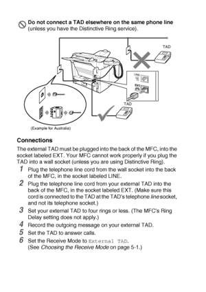 Page 261 - 12   INTRODUCTION
Connections
The external TAD must be plugged into the back of the MFC, into the 
socket labeled EXT. Your MFC cannot work properly if you plug the 
TAD into a wall socket (unless you are using Distinctive Ring).
1Plug the telephone line cord from the wall socket into the back 
of the MFC, in the socket labeled LINE.
2Plug the telephone line cord from your external TAD into the 
back of the MFC, in the socket labeled EXT. (Make sure this 
cord is connected to the TAD at the TAD’s...