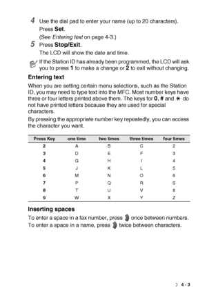 Page 55GETTING STARTED   4 - 3
4Use the dial pad to enter your name (up to 20 characters).
Press 
Set.
(See Entering text
 on page 4-3.)
5Press Stop/Exit.
The LCD will show the date and time.
Entering text
When you are setting certain menu selections, such as the Station 
ID, you may need to type text into the MFC. Most number keys have 
three or four letters printed above them. The keys for 
0, # and   do 
not have printed letters because they are used for special 
characters.
By pressing the appropriate...