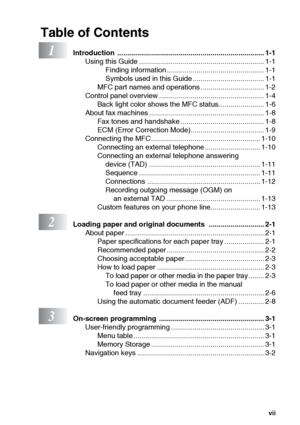 Page 8vii
Table of Contents
1Introduction .......................................................................... 1-1
Using this Guide ............................................................... 1-1
Finding information ................................................. 1-1
Symbols used in this Guide .................................... 1-1
MFC part names and operations ................................ 1-2
Control panel overview ..................................................... 1-4
Back light color...