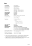 Page 205SPECIFICATIONS   S - 3
Fax 
CompatibilityITU-T Group 3
Coding SystemMH/MR/MMR/JBIG
Modem Speed33600-2400 bps
Automatic Fallback
Original SizeADF Width:  148 mm to 216 mm
ADF Height: 100 mm to 356 mm
Scanning Width207.26 mm
Printing Width207.26 mm
Gray Scale256 levels
Polling TypesStandard, Secure, Timer, Sequential
Contrast ControlAutomatic/Light/Dark
(manual setting)
Resolution  Horizontal 8 dot/mm
 Vertical
  Standard 3.85 line/mm
  Fine, Photo 7.7 line/mm
  Super fine 15.4 line/mm
One-Touch...