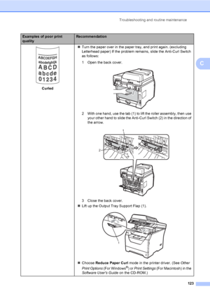 Page 134Troubleshooting and routine maintenance
123
C
 
Curled„Turn the paper over in the paper tray, and print again. (excluding 
Letterhead paper) If the problem remains, slide the Anti-Curl Switch 
as follows:
1 Open the back cover.
 
2 With one hand, use the tab (1) to lift the roller assembly, then use 
your other hand to slide the Anti-Curl Switch (2) in the direction of 
the arrow.
 
3 Close the back cover.
„Lift up the Output Tray Support Flap (1).
 
„Choose Reduce Paper Curl mode in the printer driver....