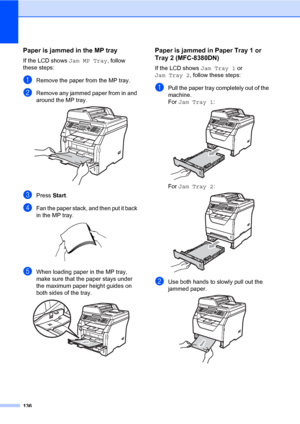 Page 147136
Paper is jammed in the MP trayC
If the LCD shows Jam MP Tray, follow 
these steps:
aRemove the paper from the MP tray.
bRemove any jammed paper from in and 
around the MP tray.
 
cPress Start.
dFan the paper stack, and then put it back 
in the MP tray.
 
eWhen loading paper in the MP tray, 
make sure that the paper stays under 
the maximum paper height guides on 
both sides of the tray.
 
Paper is jammed in Paper Tray 1 or 
Tray 2 (MFC-8380DN)
C
If the LCD shows Jam Tray 1 or 
Jam Tray 2, follow...