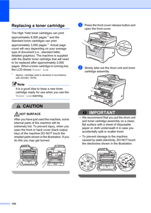 Page 161150
Replacing a toner cartridgeC
The High Yield toner cartridges can print 
approximately 8,000 pages
1 and the 
Standard toner cartridges can print 
approximately 3,000 pages
1. Actual page 
count will vary depending on your average 
type of document (i.e., standard letter, 
detailed graphics). The machine is supplied 
with the Starter toner cartridge that will need 
to be replaced after approximately 2,000 
pages. When a toner cartridge is running low, 
the LCD shows Toner Low.
1Approx. cartridge yield...