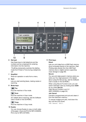 Page 18General information
7
1
 
6Dialpad
Use these keys to dial telephone and fax 
numbers and as a keyboard for entering 
information into the machine.
 The # key temporarily switches the dialling 
mode from Pulse to Tone during a telephone 
call.
7Stop/Exit
Stops an operation or exits from a menu.
8Start
Lets you start sending faxes, making copies or 
scanning.
9 Mode keys:
 Fax
Puts the machine in Fax mode.
 Scan
Puts the machine in Scan mode. 
(For details about scanning, see the Software 
User’s Guide on...