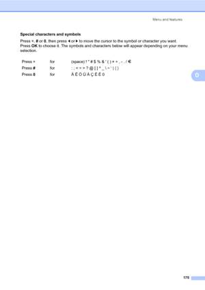 Page 186Menu and features
175
D
Special characters and symbols
Press l, # or 0, then press d or c to move the cursor to the symbol or character you want. 
PressOK to choose it. The symbols and characters below will appear depending on your menu 
selection.
Press lfor (space) !  # $ % &  ( ) l + , - . / m
Press #for : ; < = > ? @ [ ] ^ _  ~ ‘ | { } 
Press 0for Ä Ë Ö Ü À Ç È É 0
 