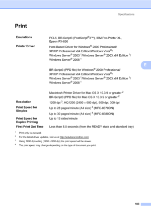 Page 194Specifications
183
E
PrintE
1Print only via network
2For the latest driver updates, visit us at http://solutions.brother.com/
3Using 1200 dpi setting (1200 x1200 dpi) the print speed will be slower.
4The print speed may change depending on the type of document you print.
Emulations
PCL6, BR-Script3 (PostScript®3™), IBM Pro-Printer XL, 
Epson FX-850
Printer Driver
Host-Based Driver for Windows
® 2000 Professional/
XP/XP Professional x64 Edition/Windows Vista
®/
Windows Server
®20031/Windows Server®2003...