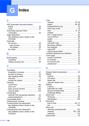 Page 205Index
194
G
A
ADF (automatic document feeder)
faxing
 ....................................................38
using
 .....................................................20
Answering machine (TAD)
connecting
 .............................................55
Apple Macintosh
See Software User’s Guide on the 
CD-ROM.
Automatic
fax receive
 .............................................48
easy receive
 .......................................50
Fax Detect
 ..........................................50
fax redial...