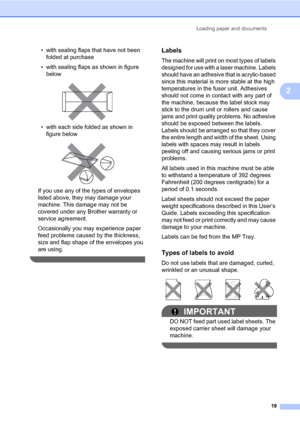 Page 30Loading paper and documents
19
2
• with sealing flaps that have not been 
folded at purchase
• with sealing flaps as shown in figure 
below
 
• with each side folded as shown in 
figure below
 
If you use any of the types of envelopes 
listed above, they may damage your 
machine. This damage may not be 
covered under any Brother warranty or 
service agreement.
Occasionally you may experience paper 
feed problems caused by the thickness, 
size and flap shape of the envelopes you 
are using.
 
Labels2
The...