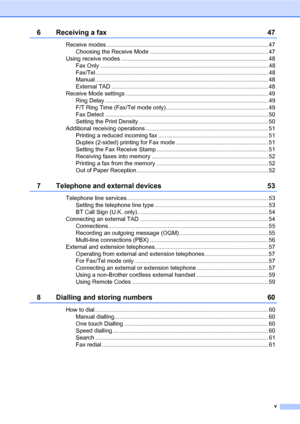 Page 7v
6 Receiving a fax 47
Receive modes .................................................................................................... 47
Choosing the Receive Mode ......................................................................... 47
Using receive modes ........................................................................................... 48
Fax Only ........................................................................................................ 48...