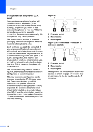 Page 69Chapter 7
58
Using extension telephones (U.K. 
only)
7
Your premises may already be wired with 
parallel extension telephones (those 
connected to sockets in other rooms in the 
building), or perhaps you intend to add 
extension telephones to your line. While the 
simplest arrangement is a parallel 
connection, there are some reasons why this 
arrangement may cause problems.
The most common problem, is someone 
picking up an extension telephone while the 
machine is trying to send a fax.
Such problems...