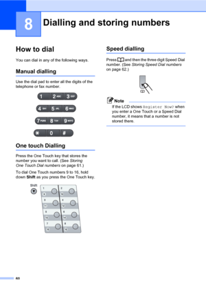 Page 7160
8
How to dial8
You can dial in any of the following ways.
Manual dialling8
Use the dial pad to enter all the digits of the 
telephone or fax number.
 
One touch Dialling8
Press the One Touch key that stores the 
number you want to call. (See Storing 
One Touch Dial numbers on page 61.)
To dial One Touch numbers 9 to 16, hold 
down Shift as you press the One Touch key.
 
Speed dialling8
Press   and then the three digit Speed Dial 
number. (See Storing Speed Dial numbers 
on page 62.)
 
Note
If the LCD...