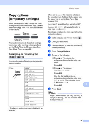 Page 90Making copies
79
12
Copy options 
(temporary settings)
12
When you want to quickly change the copy 
settings temporarily for the next copy, use the 
temporary Copy keys. You can use different 
combinations.
 
The machine returns to its default settings 
one minute after copying, unless you have 
set the Mode Timer to 30 seconds or less. 
(See Mode Timer on page 22.)
Enlarging or reducing the 
image copied12
You can choose the following enlargement or 
reduction ratios:
* The factory setting is shown in...