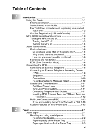 Page 13   xi
Table of Contents
1Introduction .......................................................................... 1-1
Using this Guide ............................................................... 1-1
Finding information ..................................................... 1-1
Symbols used in this Guide ........................................ 1-1
Fax Test Sheet procedure and registering your product 
(USA only) .............................................................. 1-2
On-Line Registration...