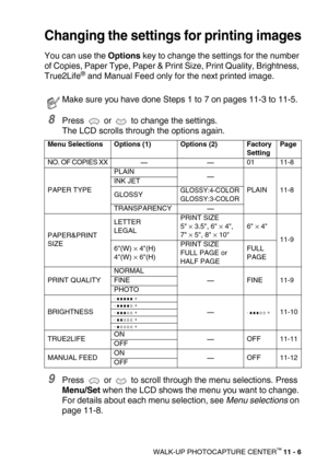 Page 124WALK-UP PHOTOCAPTURE CENTER™ 11 - 6
Changing the settings for printing images
You can use the Options key to change the settings for the number 
of Copies, Paper Type, Paper & Print Size, Print Quality, Brightness, 
True2Life
® and Manual Feed only for the next printed image.
8Press   or   to change the settings. 
The LCD scrolls through the options again.
9Press   or   to scroll through the menu selections. Press 
Menu/Set when the LCD shows the menu you want to change. 
For details about each menu...