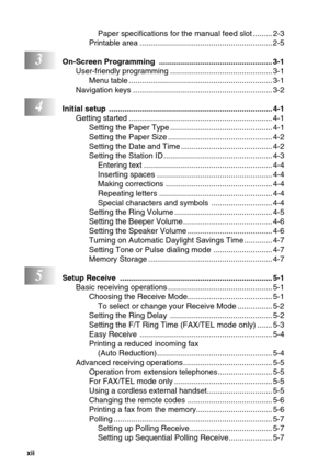 Page 14xii   
Paper specifications for the manual feed slot ......... 2-3
Printable area ............................................................. 2-5
3On-Screen Programming  .................................................... 3-1
User-friendly programming ............................................... 3-1
Menu table .................................................................. 3-1
Navigation keys ................................................................ 3-2
4Initial setup...