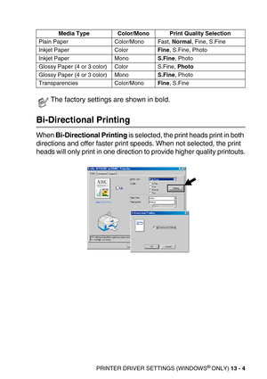 Page 144PRINTER DRIVER SETTINGS (WINDOWS® ONLY) 13 - 4
Bi-Directional Printing
When Bi-Directional Printing is selected, the print heads print in both 
directions and offer faster print speeds. When not selected, the print 
heads will only print in one direction to provide higher quality printouts.
Media Type Color/Mono Print Quality Selection
Plain Paper  Color/Mono Fast, Normal, Fine, S.Fine
Inkjet Paper ColorFine, S.Fine, Photo
Inkjet Paper MonoS.Fine, Photo
Glossy Paper (4 or 3 color) Color S.Fine, Photo...