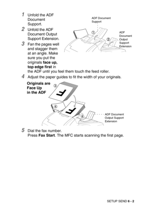 Page 70SETUP SEND 6 - 2
1Unfold the ADF 
Document 
Support.
2Unfold the ADF 
Document Output 
Support Extension.
3Fan the pages well 
and stagger them 
at an angle. Make 
sure you put the 
originals face up, 
top edge first in 
the ADF until you feel them touch the feed roller. 
4Adjust the paper guides to fit the width of your originals.
5Dial the fax number.
Press Fax Start. The MFC starts scanning the first page.
ADF Document 
Support
ADF 
Document 
Output 
Support  
Extension
ADF Document 
Output Support...