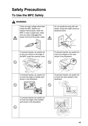 Page 9 vii
Safety Precautions
To Use the MFC Safely
WARNING
There are high voltage electrodes 
inside the MFC. Before you 
replace internal parts, clean the 
MFC or clear a paper jam, make 
sure you have unplugged the 
power cord from the power outlet.Do not handle the plug with wet 
hands. Doing this might cause an 
electrical shock.
To prevent injuries, be careful not 
to put your hands on the edge of 
the MFC under the scanner cover.To prevent injuries, be careful not 
to put your fingers in the area 
shown...