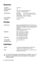 Page 273S - 4 SPECIFICATIONS
Scanner 
Printer 
Interface
Color/MonoColor/Mono
TWAIN CompliantYes
ResolutionUp to 9,600 
× 9,600 dpi (interpolated)
Up to 600 × 2,400 dpi (optical)
Document SizeADF Width: 5.8 to 8.5 (148 mm to 216 mm)
ADF Height: 5.8 to 14.0 (148 mm to 356 mm)
Scanner Width: Max. 8.5 (216 mm)
Scanner Height: Max. 11.7 (297 mm)
Scanning Width8.2 inches (208 mm)
Gray Scale256 levels
Printer DriverWindows
® 95/98/98SE/Me/2000 Professional/XP and 
Windows NT® Workstation Version 4.0 driver supporting...