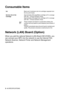 Page 275S - 6 SPECIFICATIONS
Consumable Items
Network (LAN) Board (Option)
When you add the optional Network (LAN) Board (NC-8100h), you 
can connect your MFC into the network to use the Internet FAX, 
Network Scanner, Network Printer and Network Management 
operations.
InkBlack and 3 individual color ink cartridges separate from 
the four print heads.
Service Life of Ink 
CartridgeApproximately 950 page/Black cartridge at 5% coverage 
with 450 
× 150 dpi resolution (Fast).
Approximately 450 page/Color cartridge...